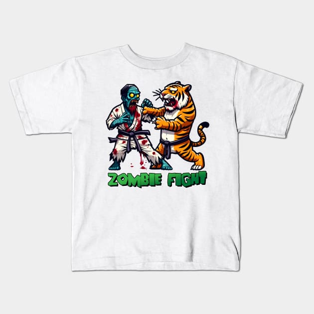 Tiger vs Zombie Fight Kids T-Shirt by Rawlifegraphic